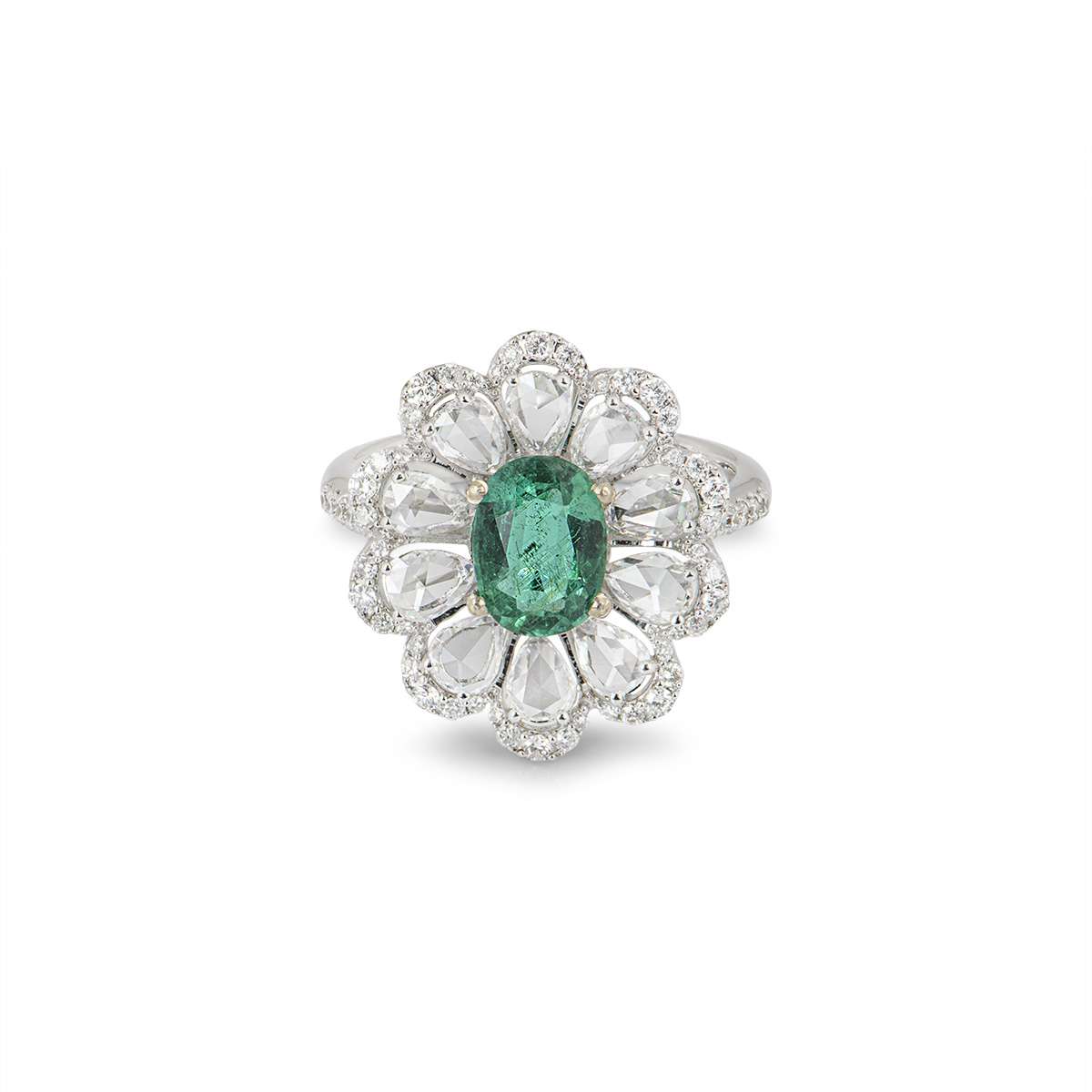 White Gold Emerald and Diamond Flower Ring